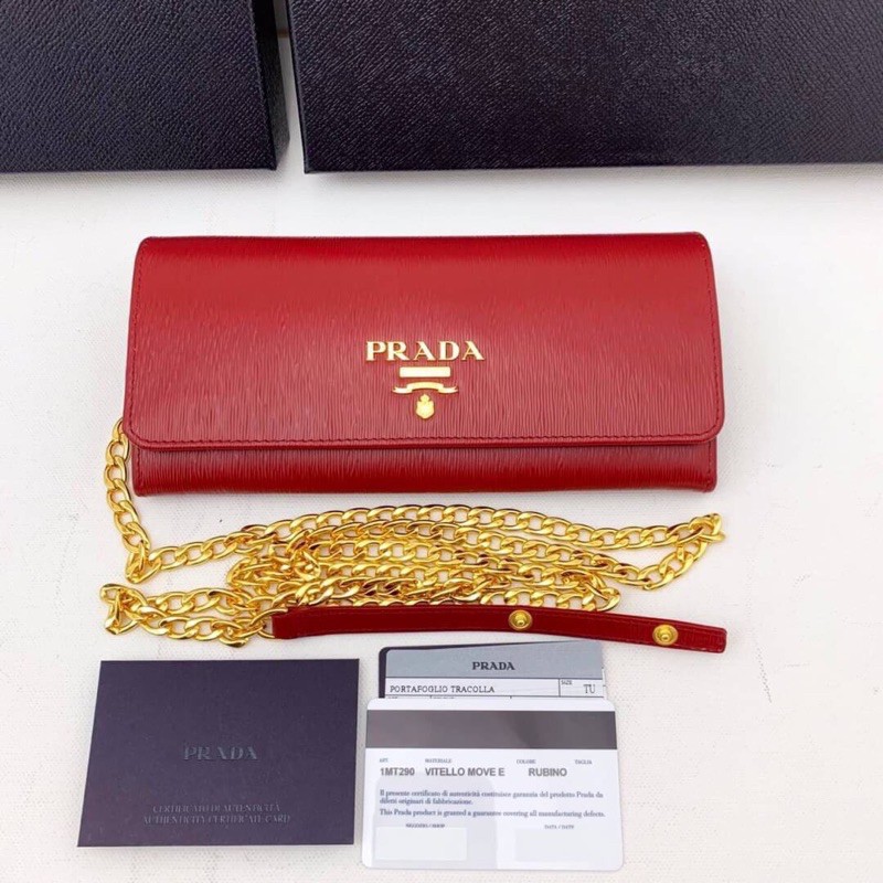 New Prada Lacca Red Vitello Move Leather Chain Wallet Crossbody 1MT290 