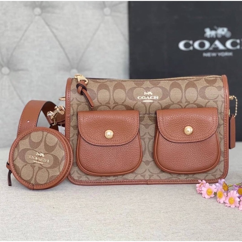 NWT Coach Pennie Crossbody With Coin Case In Signature Canvas Brown Black  C5675